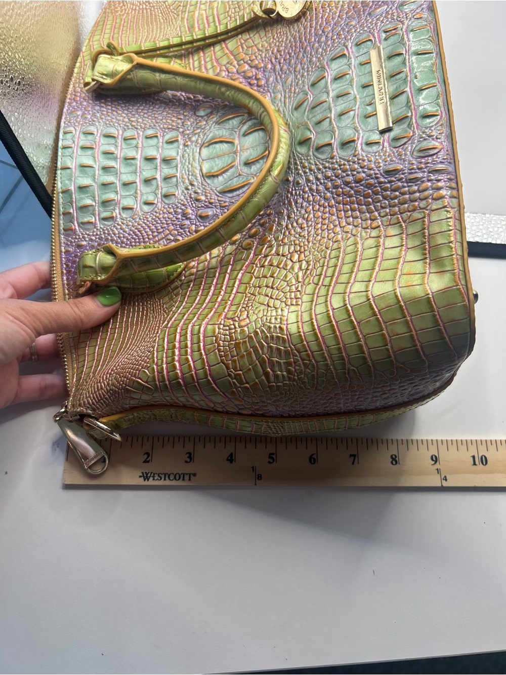 Brahmin Iridescent Green-Purple Croc Embossed Duxbury Satchel - Picture 3 of 14
